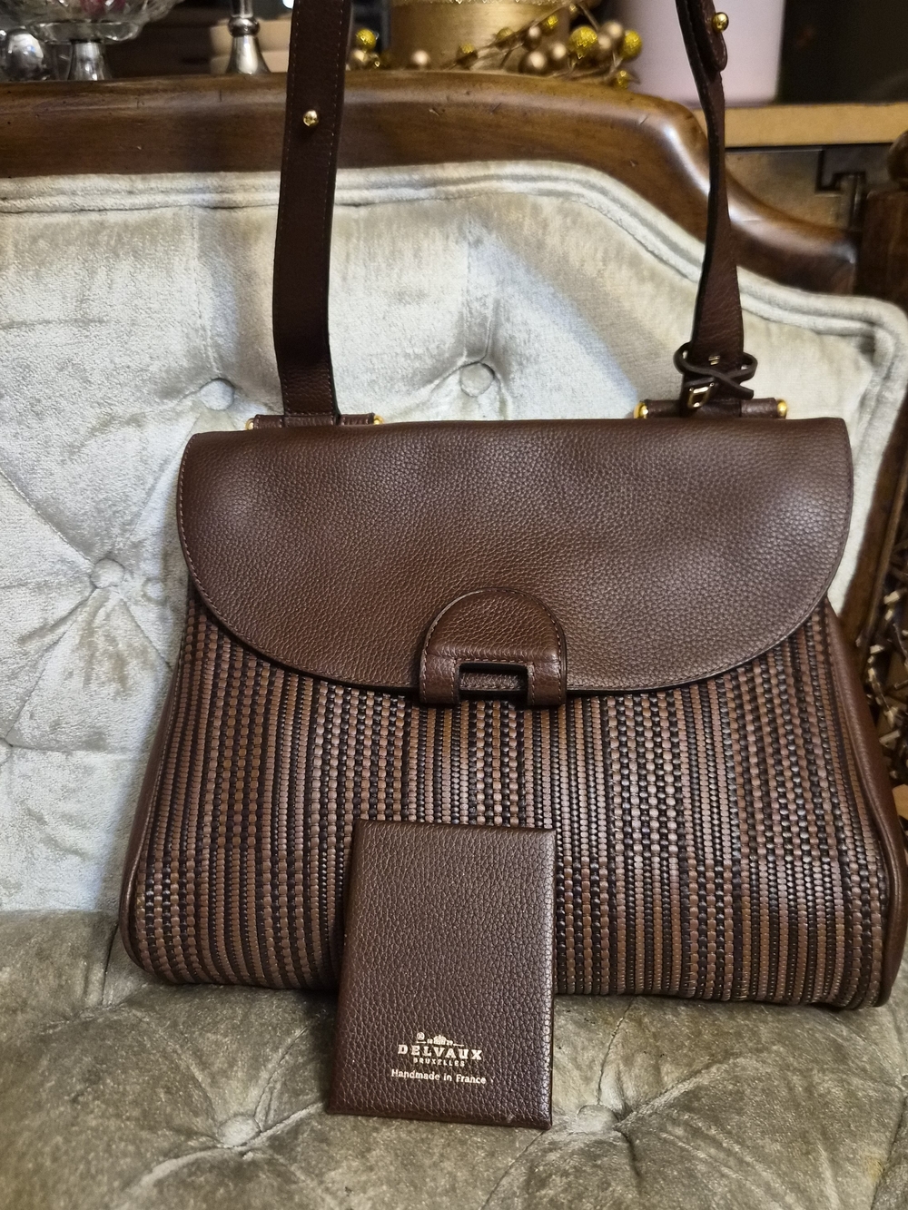 Authentic Delvaux Toile de CUIR  Woven Leather Shoulder Bag With Compact Mirror.